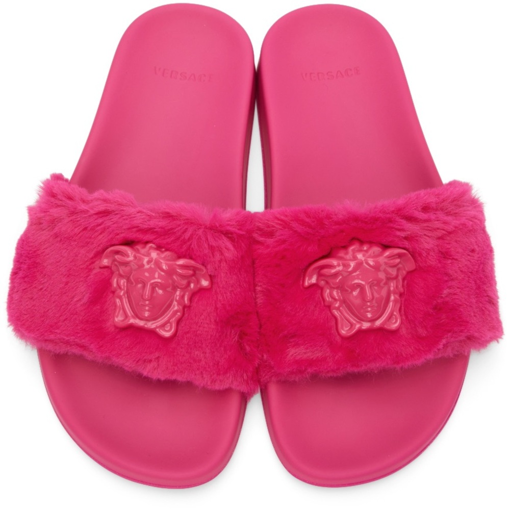 Versace Pink Faux-Fur 'La Medusa' Slides